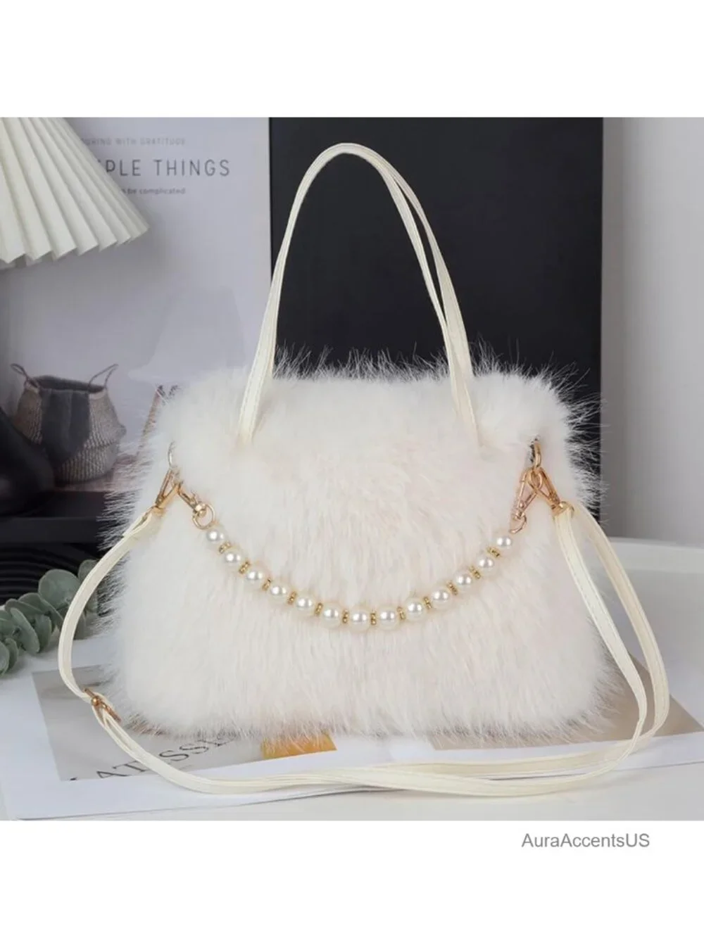 Fluffy Ostrich Feather Evening Bag with Pearl Chain Clutch Purse